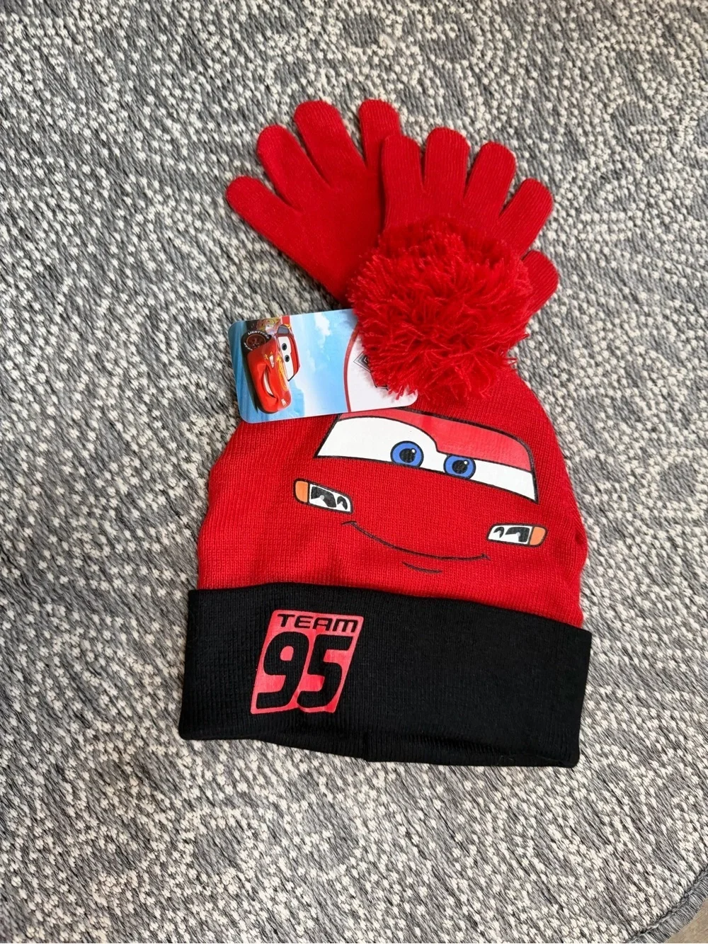 New Disney Red Lightning McQueen Beanie and Glove Set Little Boys One Size